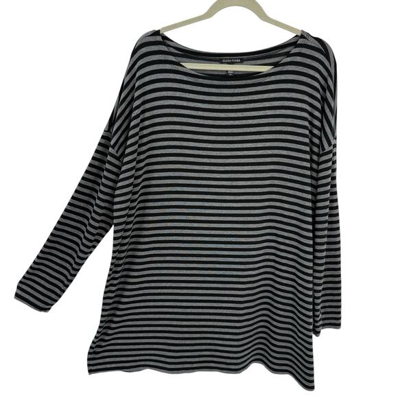 Eileen Fisher Large Boxy Striped Tunic Top Dolman Sleeve Black Gray Pullover - Picture 1 of 7